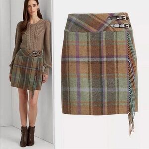 LAUREN RALPH LAUREN - GREEN PURPLE PLAID TARTAN FRINGED WOOL SKIRT - New-6
